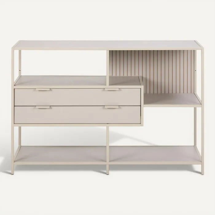 **Nederlandse technische titel:** Minimalistische dressoir met open planken en laden