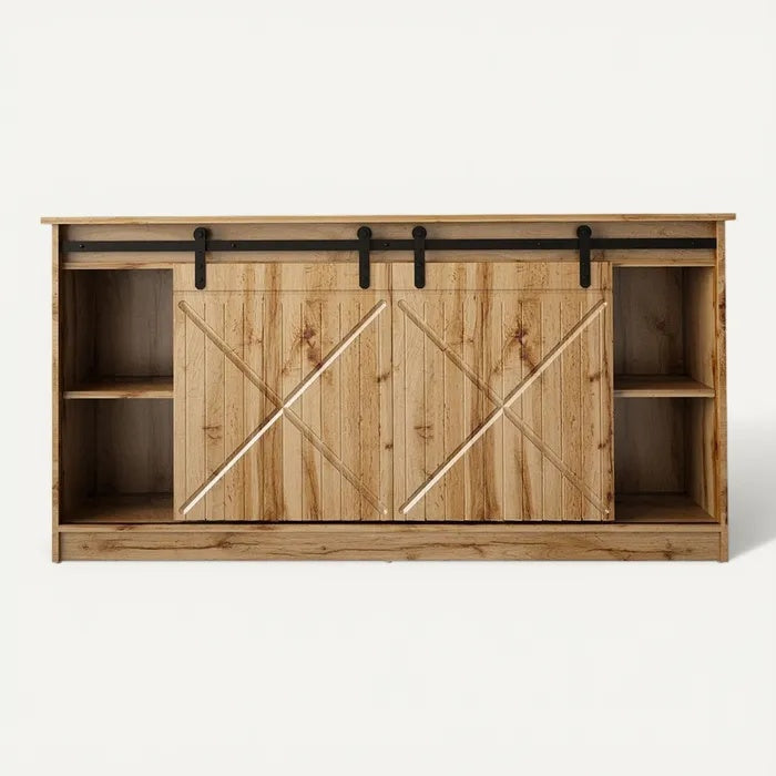 Technische titel in het Nederlands: **Moderne houten kast met schuifdeuren en open vakken**